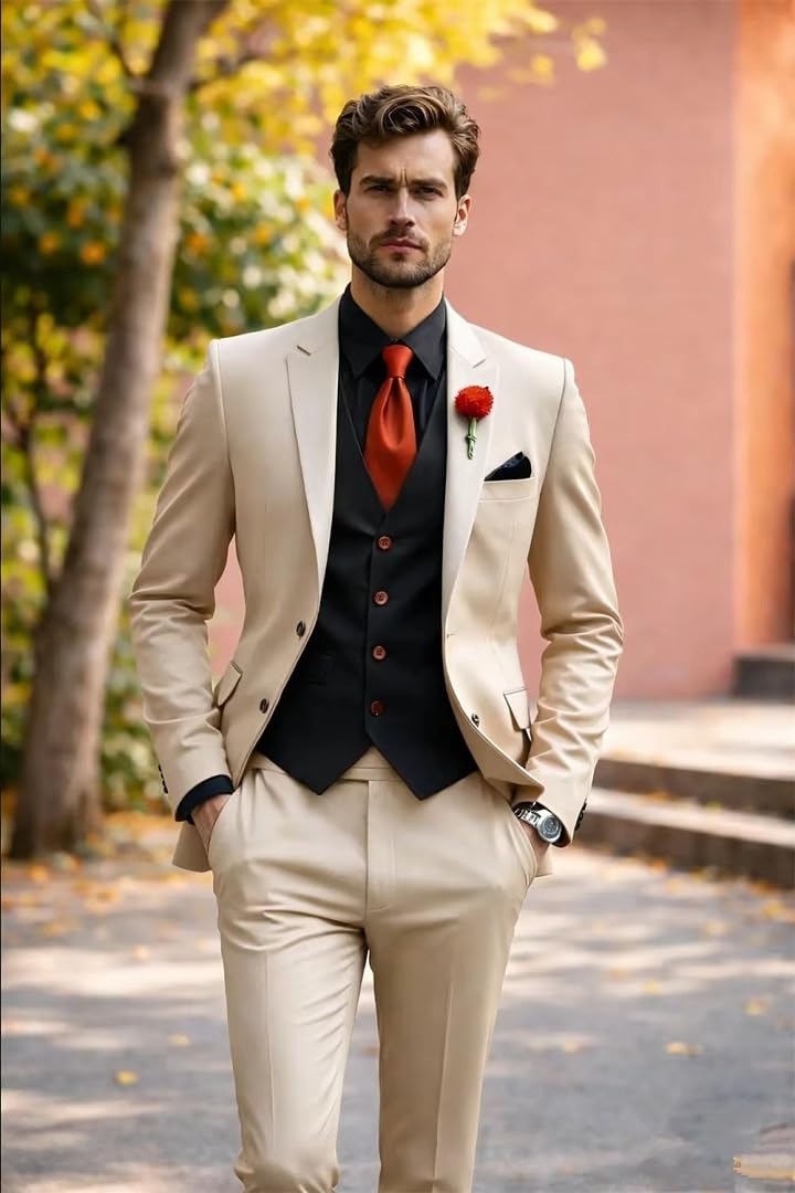 Uomo 3 Pezzi Set Completo Risvolto Punta Blazer Gilet Dritti Pantaloni Formali Moderno Matrimonio Sposo Smoking per Prom Festa