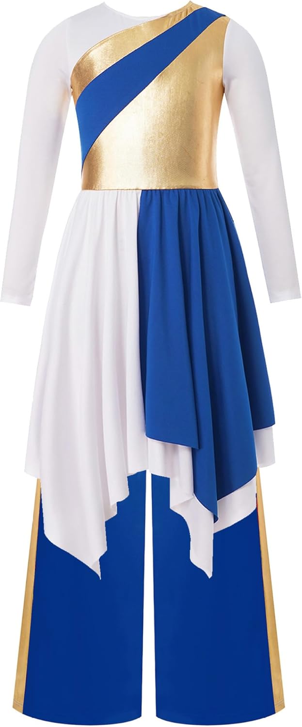 Kids Girls Metallic Gold Praise Dance Dress with Pants Long Sleeve Full Length Liturgical Worship Tunic