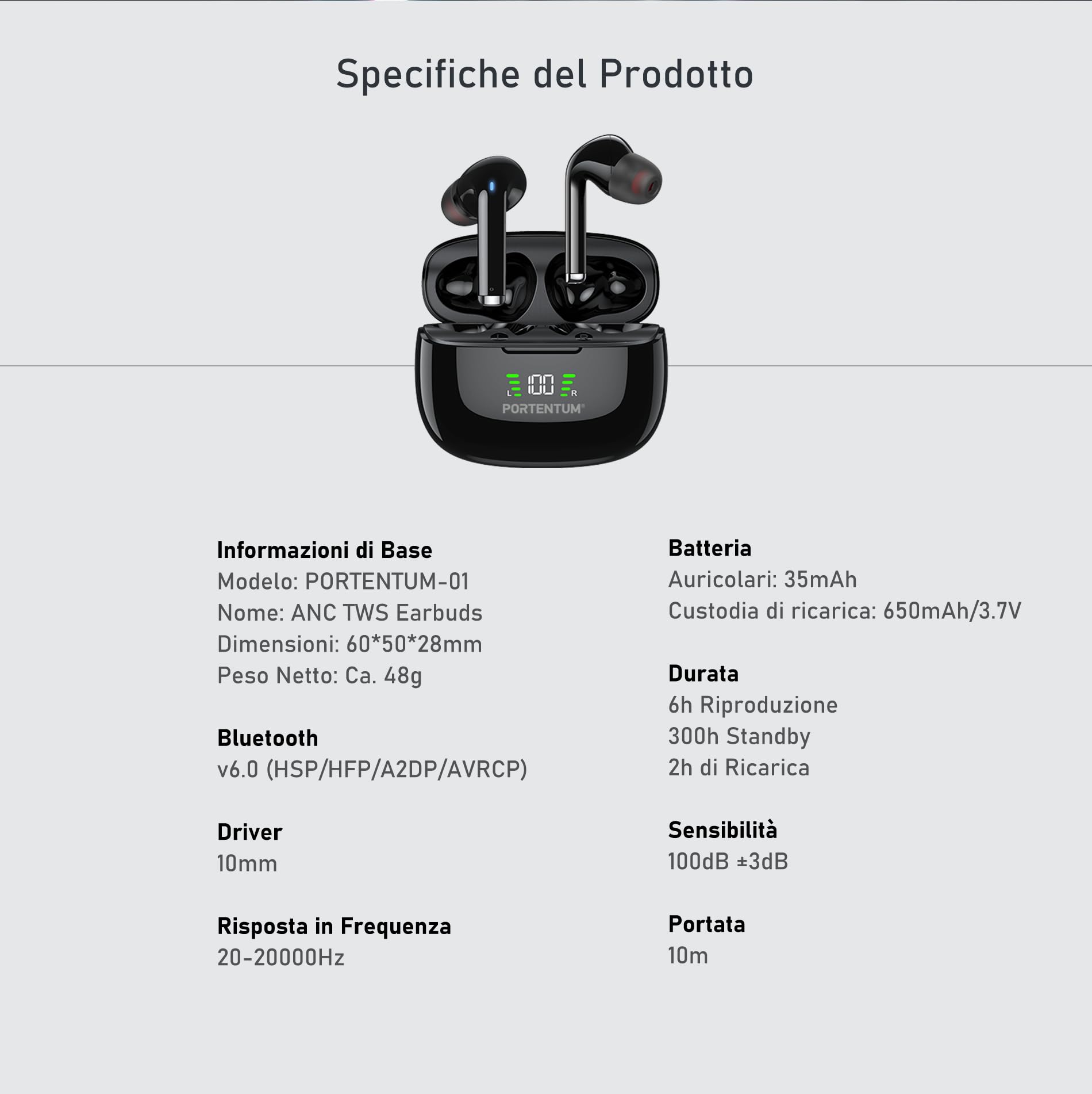 PORTENTUM Cuffie bluetooth 6.0 wireless – Cancellazione del rumore HYBRID ANC + ENC – 60h – Auri… — immagine 5 di 16