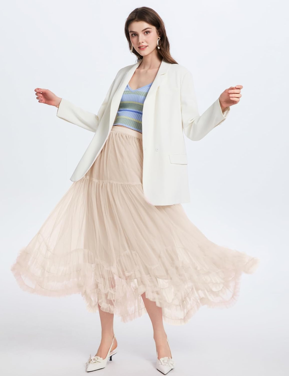 Flygo Women's Maxi Tulle Skirt Long Tiered A Line Mesh Tutu Fairy High Elastic Waist Pleated Layered Skirts - Image 2