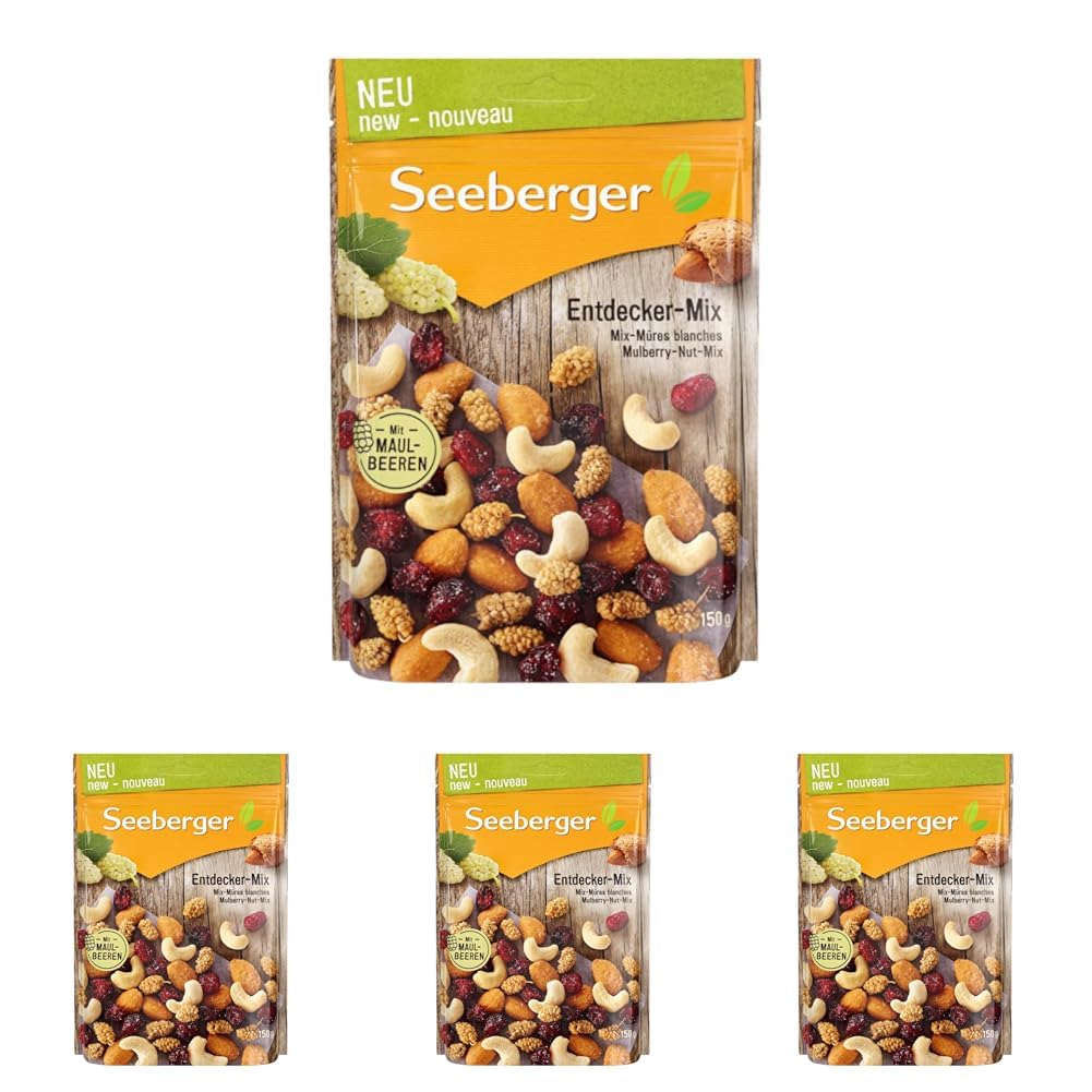 Seeberger Entdecker-Mix: Frucht-Nuss-Mischung aus knackigen Cashews, Cranbeeries und Honig-Salz-Mandeln - süss salzig - mit Maulbeeren (1 x 150 g) (Packung mit 4)