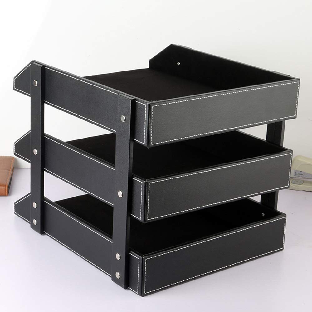 Organizador de archivos de escritorio de cuero, bandeja apilable de tres capas, se utiliza para almacenar documentos, carpetas, artículos de papelería, revistas, periódicos, cartas y otros artículos