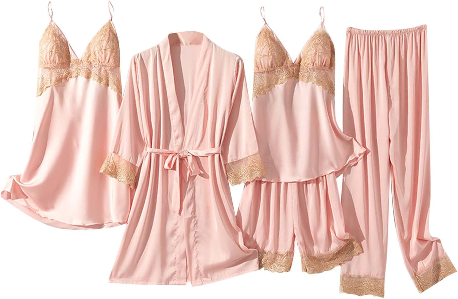 Borniu Women' Silk Satin Pajamas Set 5pcs Lingerie Lace Cami Sleepwear with Robe Sexy Nightwear Lounge Sets A2