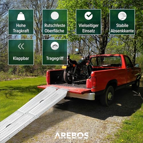 Arebos 2X Faltbare Auffahrrampen | Stahl Rampe bis 400 kg belastbar,rutschfest,perforiert | Laderampe für Auto oder Anhänger Auffahrrampe für Motorrad, Rasentraktor, Rollstuhl, Fahrrad | 180 cm