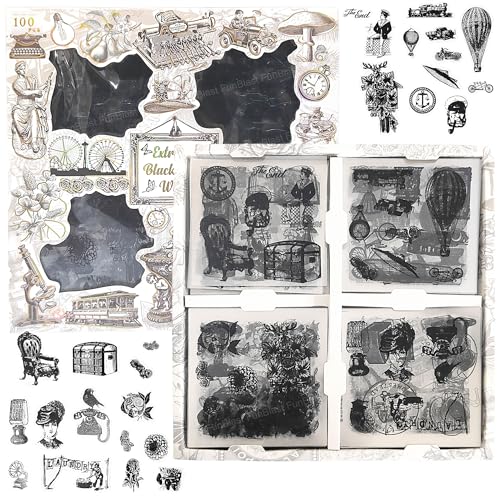 Image of FunBlast Self Adhesive 640Pcs /100 Sheets, Extreme Black & White Stickers, Retro Decorative Sticker's for Scrapbook, Sticker's for Project, Japanese Style Sticker Set, Journals, Scrapbooking (D)