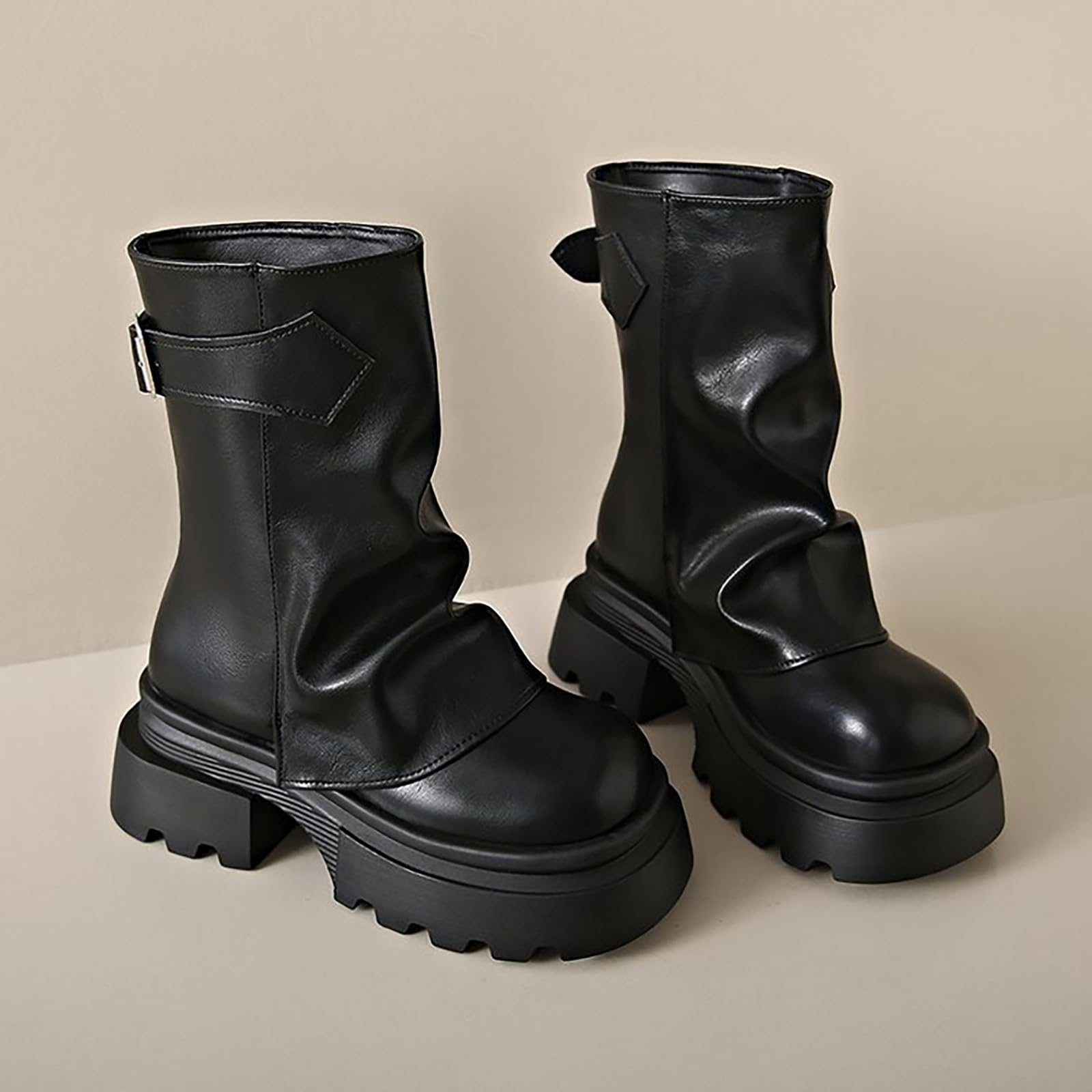 Bottines de motard pour femme avec talon bloc et boucles à plateforme - Bottes de loisirs en cuir - Bottes courtes rétro à enfiler - Bottines à enfiler - Bottines pour femme - Bottines de transition