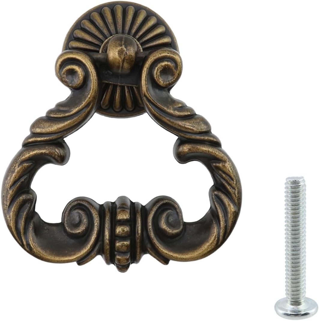 2Pcs Vintage Antique Bronze Cabinet Pulls French Provincial Single Hole Pull Ring Handles Scute-Like Embossing for Drawer Dresser Wardrobe Cupboard (2.6" Length, 2Pcs)