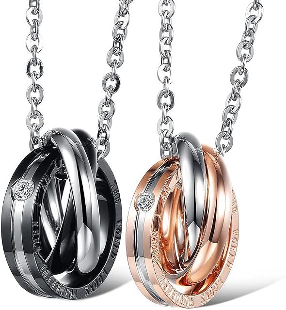 Interlocked Rolling Matching Pendant Necklace for Couples Stainless Steel His & Hers Promise Love Set CZ Interlocking Rings Boyfriend Girlfriend Anniversary Valentine's Day Infinity Jewelry Gifts