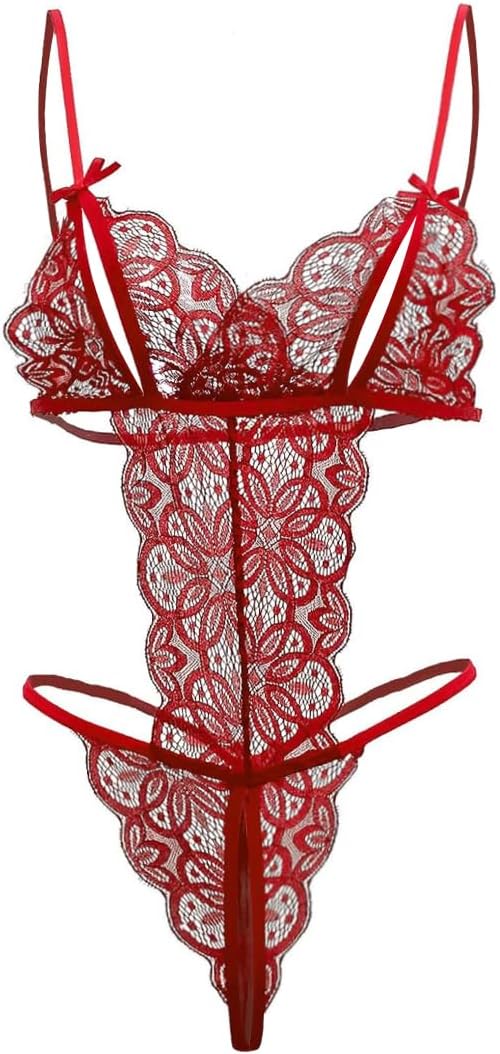 Sexy Sleepwear for Women Lace Bodysuit One Piece Naughty Lingerie Deep V Neck Stretch Negligee Nightwear Hollow Out