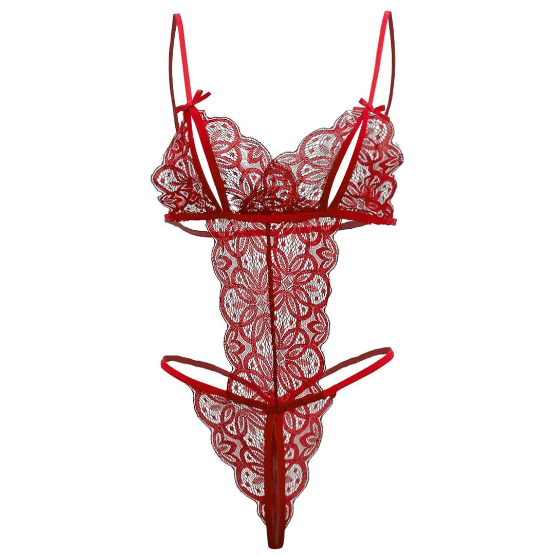 Sexy Sleepwear for Women Lace Bodysuit One Piece Naughty Lingerie Deep V Neck Stretch Negligee Nightwear Hollow Out