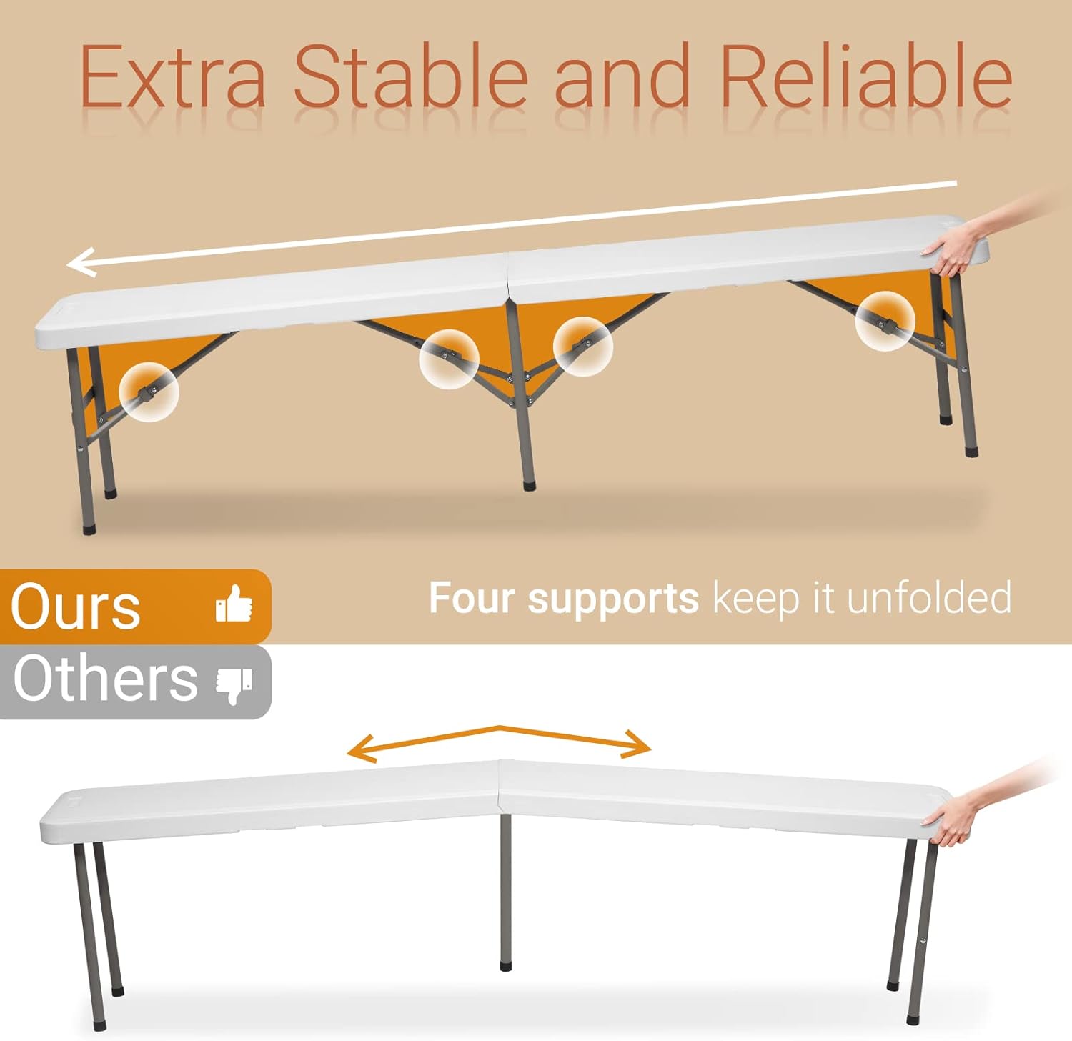VINGLI 6 FT 3-Piece Portable Picnic Table Bench Set, Weather-Resistant Plastic Folding Camping Beer Table w/Carrying Handles, for Family Garden Patio Outdoor Activities Use, at Home and Commercial