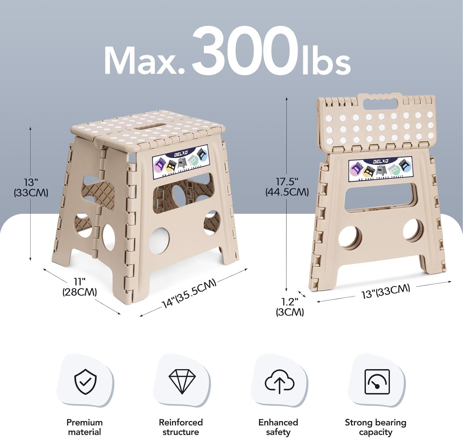 Condition photo showing New/Like New for Delxo Office Step Stool, 13 inch Non-Slip Foldable Stools for Adults Up to 300 LBS, Step Stool with Handle, Lightweight for Kitchen, Bathroom, Bedroom, Office, Khaki, 1PC