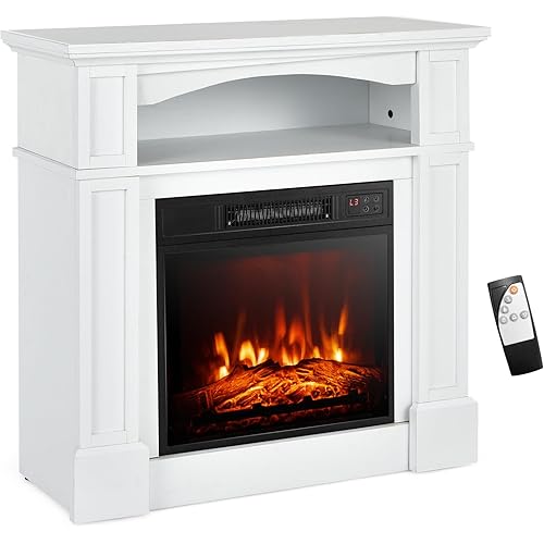 GOFLAME 32" Electric Fireplace with Mantel and Remote Control, Freestanding Mantel Fireplace Heater with 3 Flame Brightness, Thermostat, 6H Timer, Overheat Protection, CSA Certified, 1400W (White)