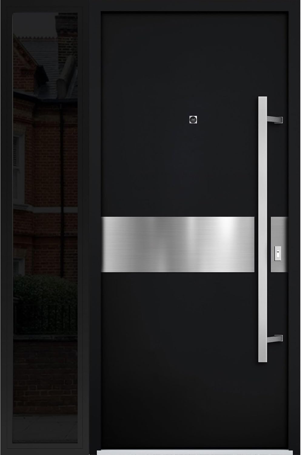 VDOMDOORS Front Exterior Prehung Steel Door/Deux 6072 Black Enamel/Top Exterior Window Sidelite/Entry Metal Modern Painted W36 x H80+16" Right Hand Inswing