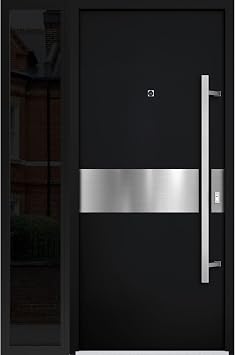 VDOMDOORS Front Exterior Prehung Steel Door/Deux 6072 Black Enamel/Side Exterior Window Sidelite/Entry Metal Modern Painted W36+16" x H80 Left Hand Inswing