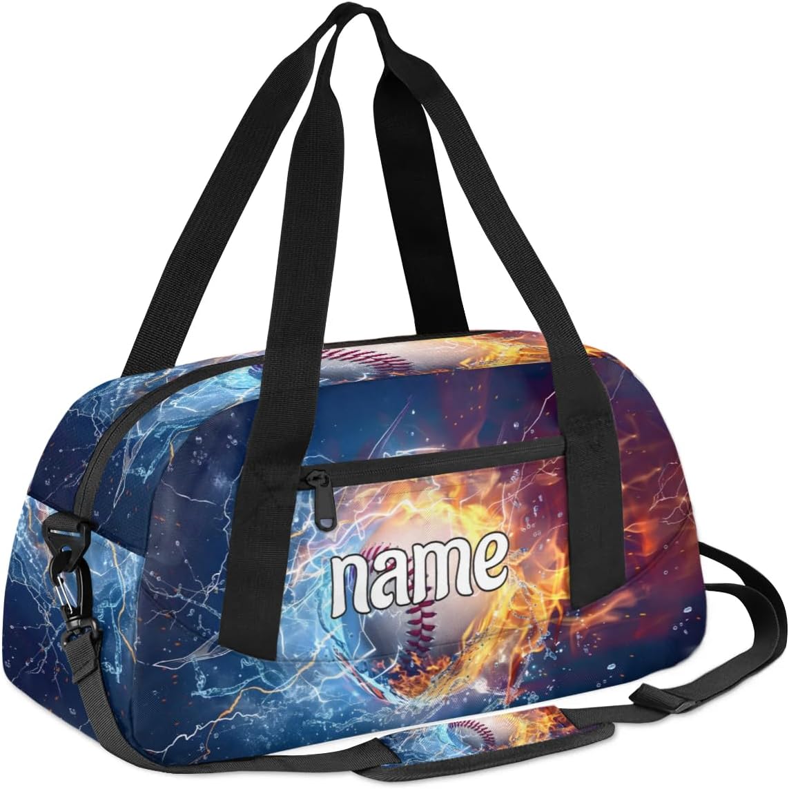 Water Fire Lightning Baseball Custom Name Kids Duffle Bag for Boys, Personalized Sports Gym Duffel Lightweight Water Resistant Foldable Sports Gym Bag Weekender Overnight Sleepover Carry On Travel Bag