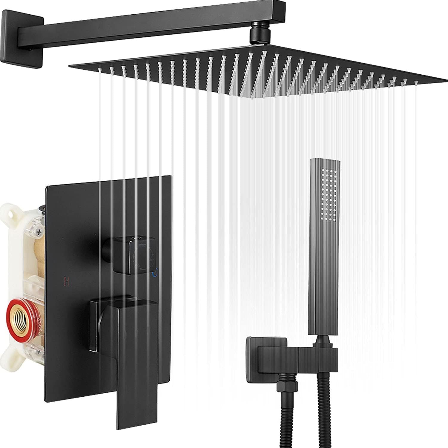 16 Inch Black Shower Faucets Sets Complete Shower System Square Large Rain Shower Head with Handheld Faucet Set for Bathroom High Pressure Balance Rough-in Valve Body and Trim Kit Included