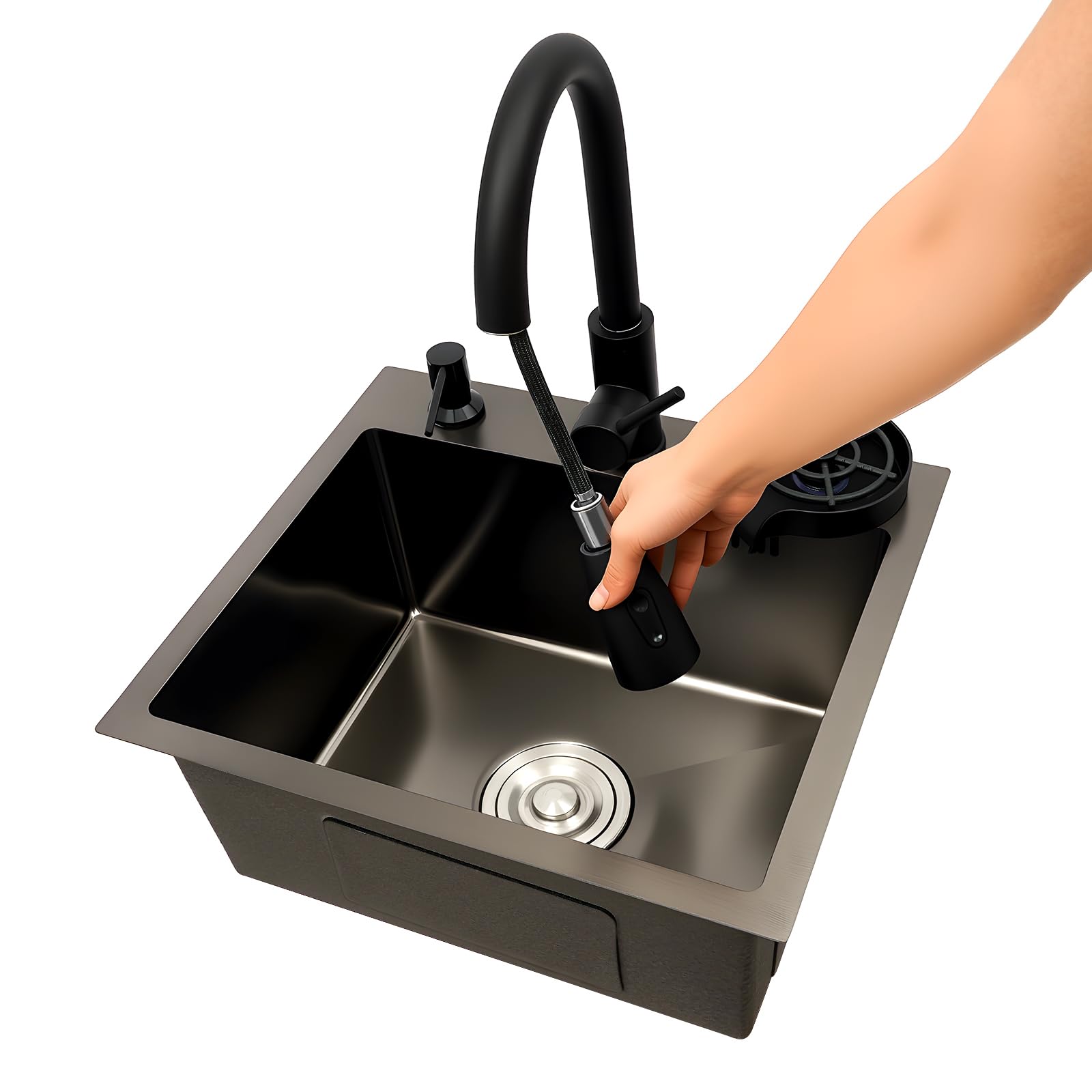 Edelstahlspüle Einbauspüle 1 Becken 45x40cm Spülbecken Schwarz, Küchenspüle aus Edelstahl Aufbauspüle mit Cup -Waschmaschine