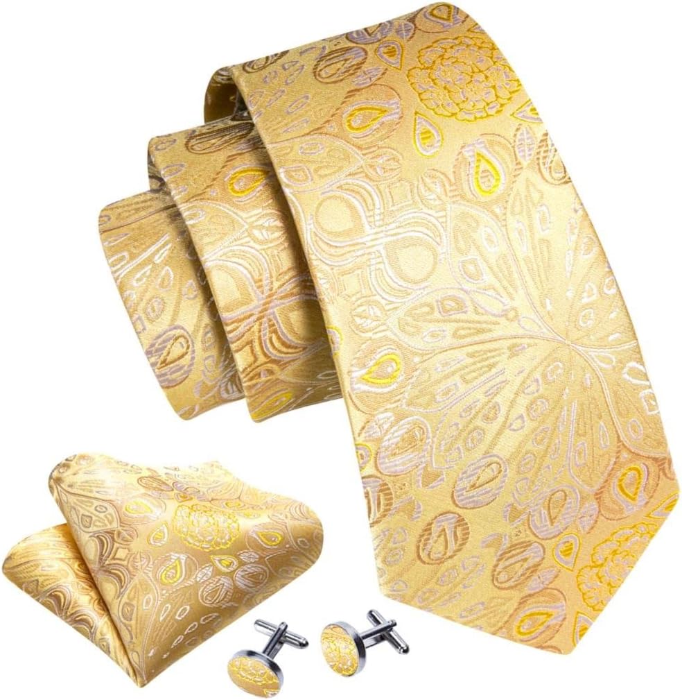 Mens Ties Set Gold Floral Silk Necktie Pocket Square Cufflinks Wedding Business Gift