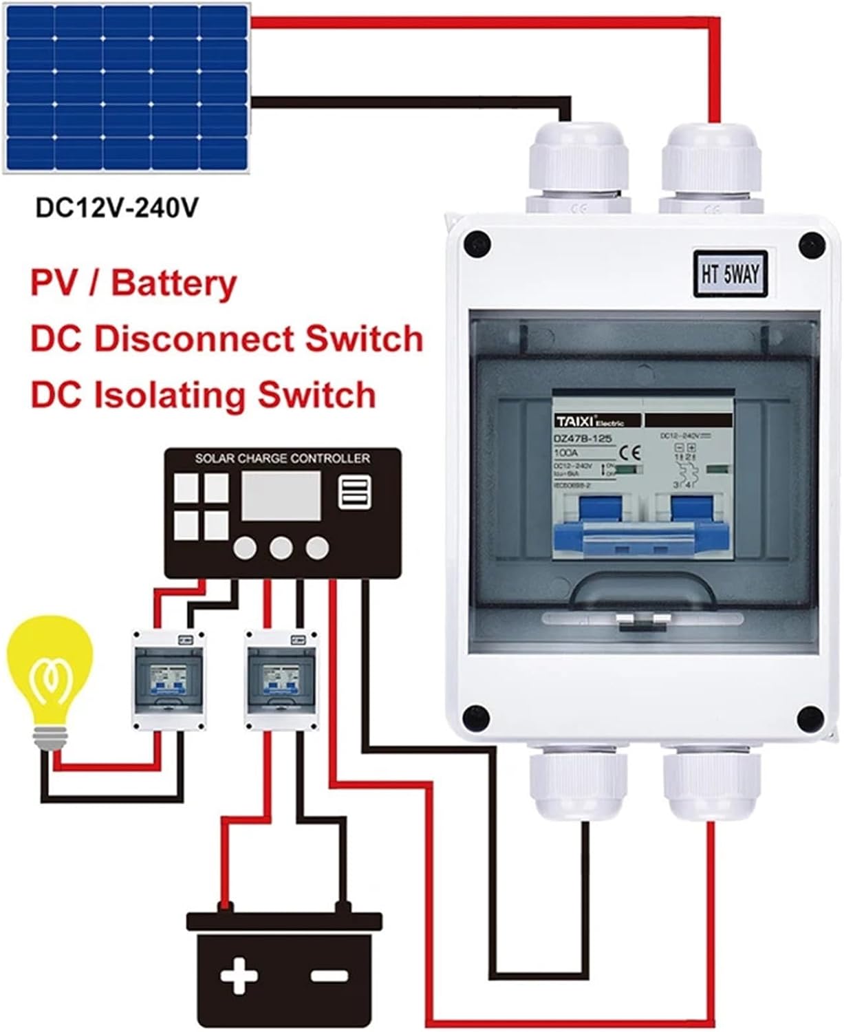 Solar PV Battery Combiner Box DC Disconnect Isolatior Switch Circuit Breaker with Junction Box 63A 100A 150A 12V 24V 48V 500V(DC 500V,25A)