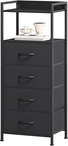 Miniatura 15 de Somdot - Mesita de noche con 4 cajones, cajonera vertical con estructura de acero resistente, parte superior de madera y cajones de tela fáciles de