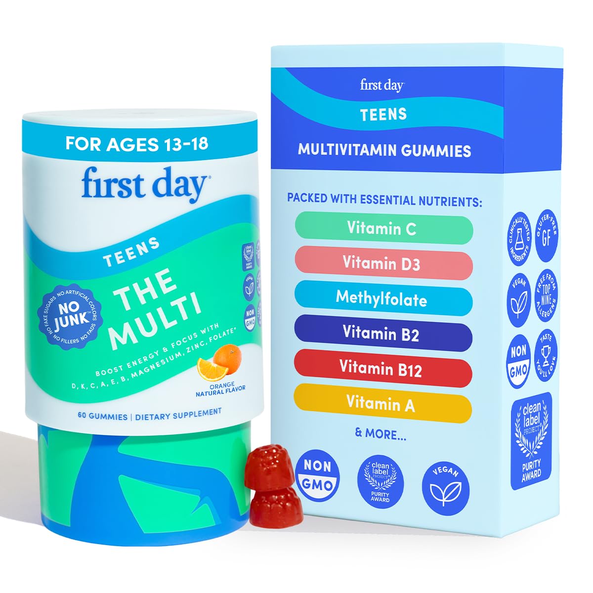 FIRST DAY Vitamins for Teens - Teen Multi Vitamins for Girls & Boys 12-17, Organic Fruit & Veggie Blend - 12 Key Nutrients: Vitamins A, B1, B2, B6, B9, B12, C, D3, E, K2-30 Day Supply