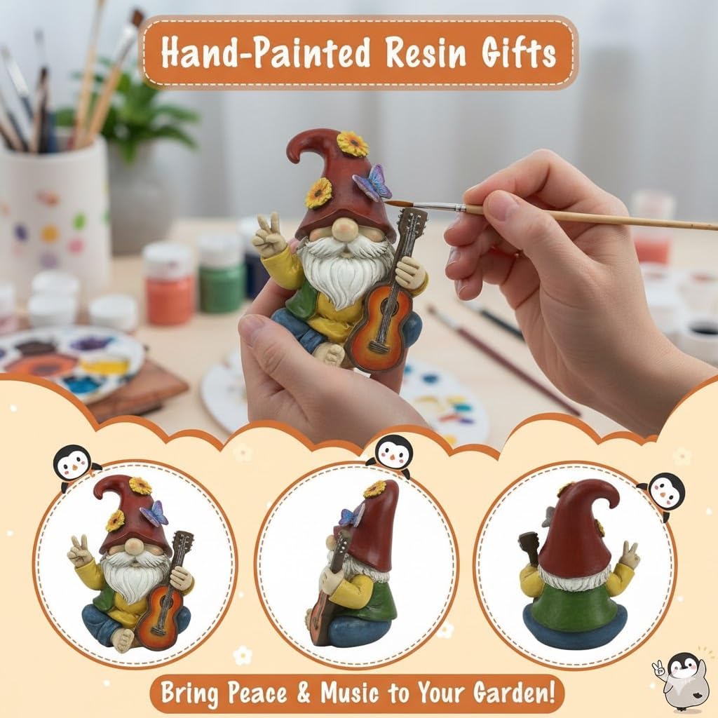 Peace Sign Garden Gnome Figurine Outdoor Statue, Funny Guitar Playing Dwarf Rock Music Decor - 6‘’ Resin Lawn Ornament, Unique Housewarming Gift for Music Lovers & Gardeners (Red) - Image 3