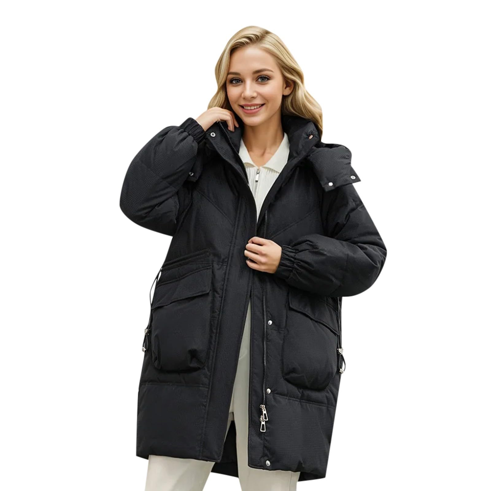 Winter Coat For Women Down Jacket Thermal Mid Long Coat Solid Color Hooded Warm Cotton Casual Bread Coat Fashion Thickened Jacket Ladies Coat Overcoat Ladies Jackets And Coats