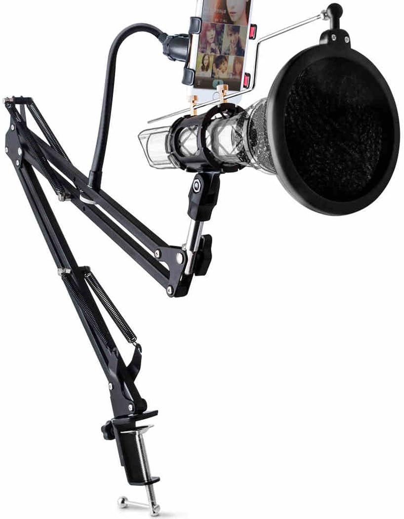 Arm Microphone Stand, Microphone Adjustable Desk Suspension Boom Scissor Arm Stand with Microphone Clamp With Phone Holder Kit, With Pop Filter And Replaceable Shock Mount Suitable (Black)