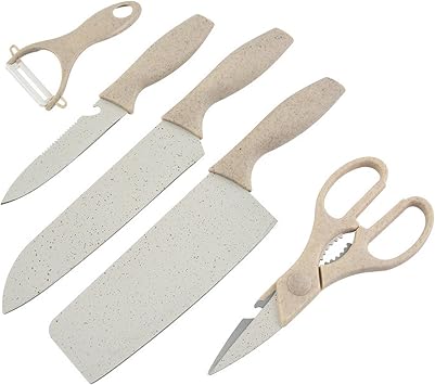 ZINC WEALD Boxed Kitchen Knife Set Block Wheat Straw blades Nonstick for Kitchen Cutting Meat Scissors Ceramic Peeler for Slicing Paring Fruits Vegetables beige
