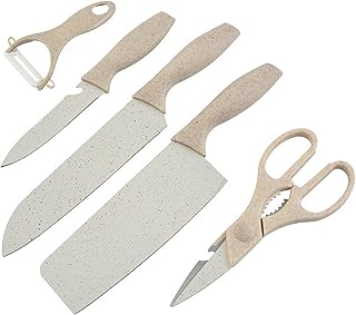 ZINC WEALD Boxed Kitchen Knife Set Block Wheat Straw blades Nonstick for Kitchen Cutting Meat Scissors Ceramic Peeler for Slicing Paring Fruits Vegetables (beige)