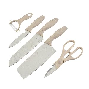 ZINC WEALD Boxed Kitchen Knife Set Block Wheat Straw blades Nonstick for Kitchen Cutting Meat Scissors Ceramic Peeler