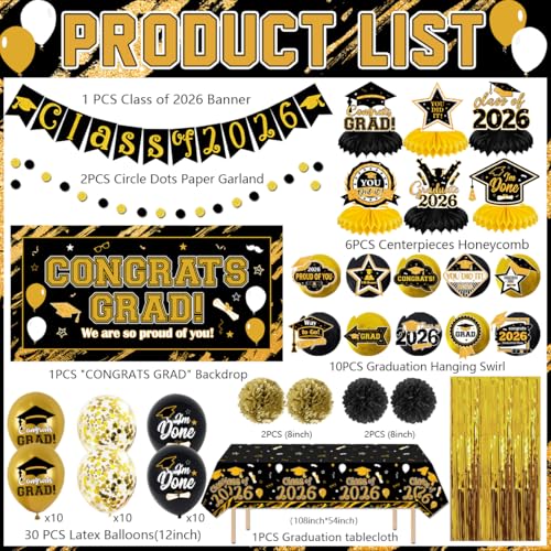 Image of Graduation Decorations 2026 Black and Gold Class of 2026 Banner Congrats Grad Backdrop Paper Tablecloth Pompoms Hanging Swirls and Balloons for 2026 Graduations Party Decorations Supplies