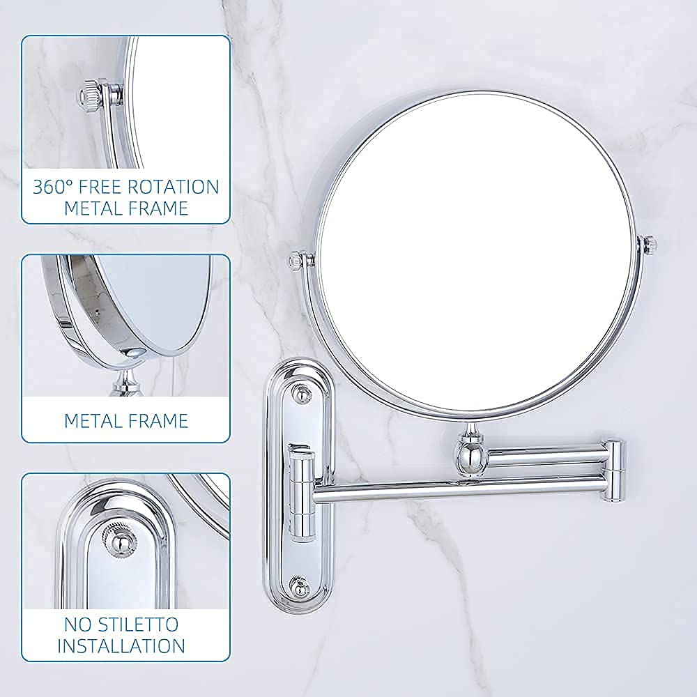 Dowry Espejo Maquillaje Pared Baño Espejo Aumento x10 Plata Espejos para Afeitado Extensible Espejo de Doble Cara,Diámetro 8 Pulgadas