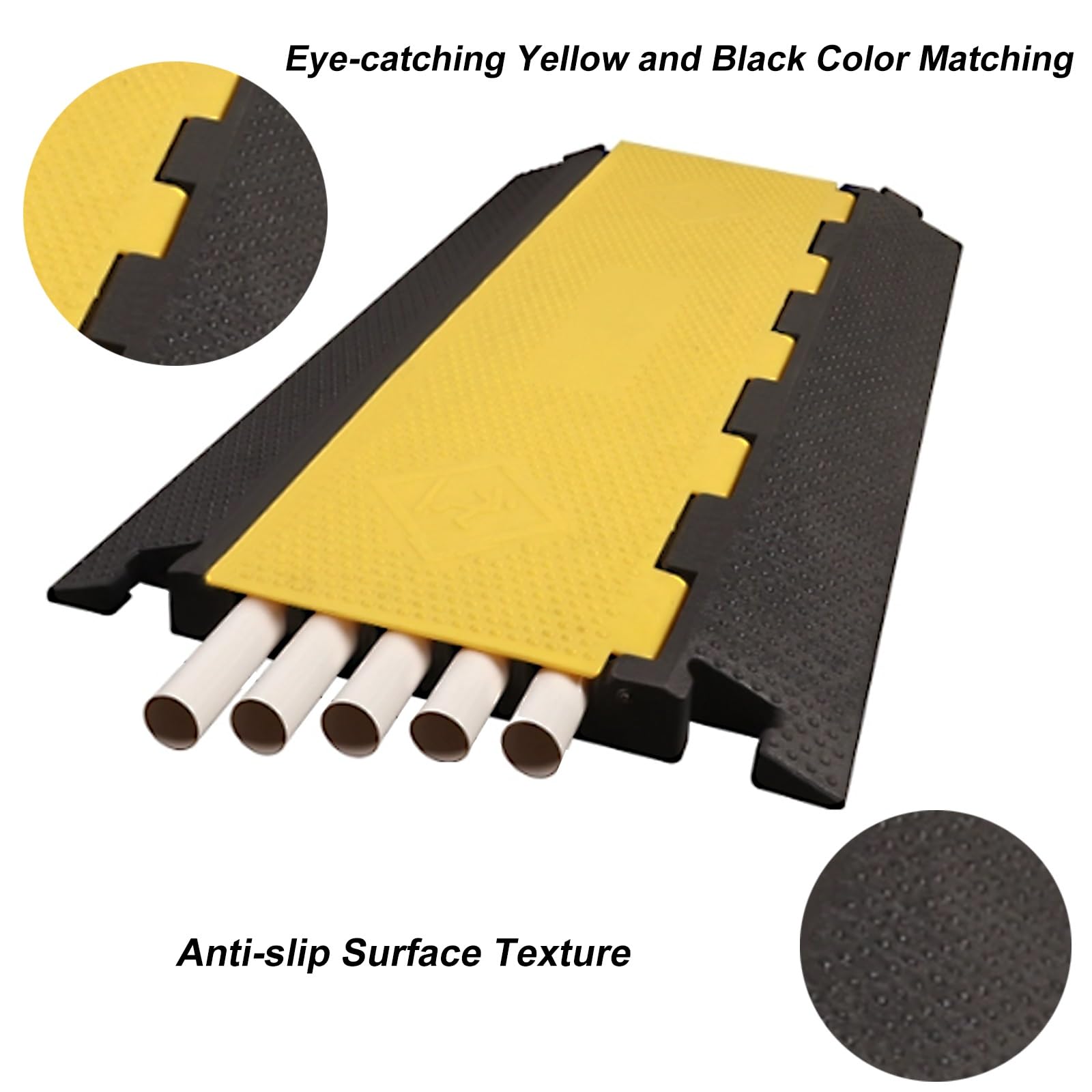 Protector Cable de 90 Cm, Paquete de 5 Pasacables Suelo, Badenes de Goma de PVC, Capacidad de 500 Kg con Tapa Abatible para Ocultar Cables, Mangueras y Tuberías