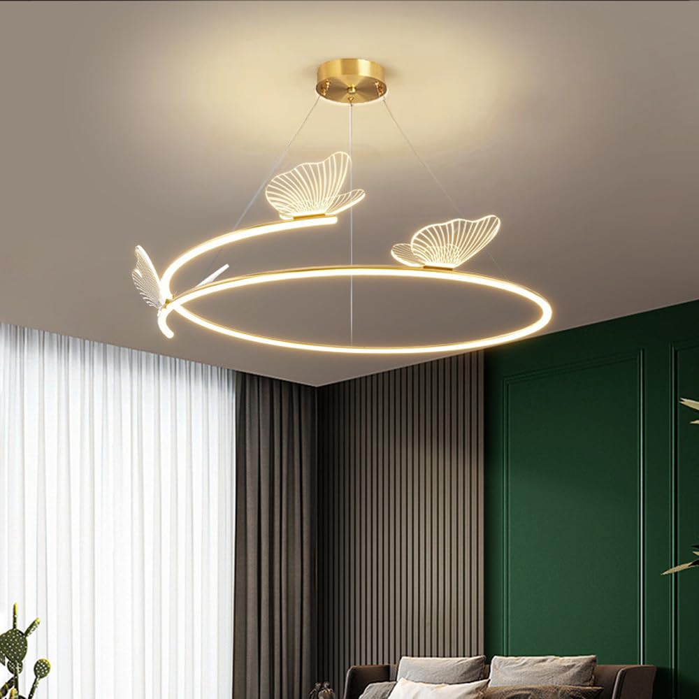 Plafonnier LED rond dorée papillon à intensité variable pour chambre de fille et salon moderne