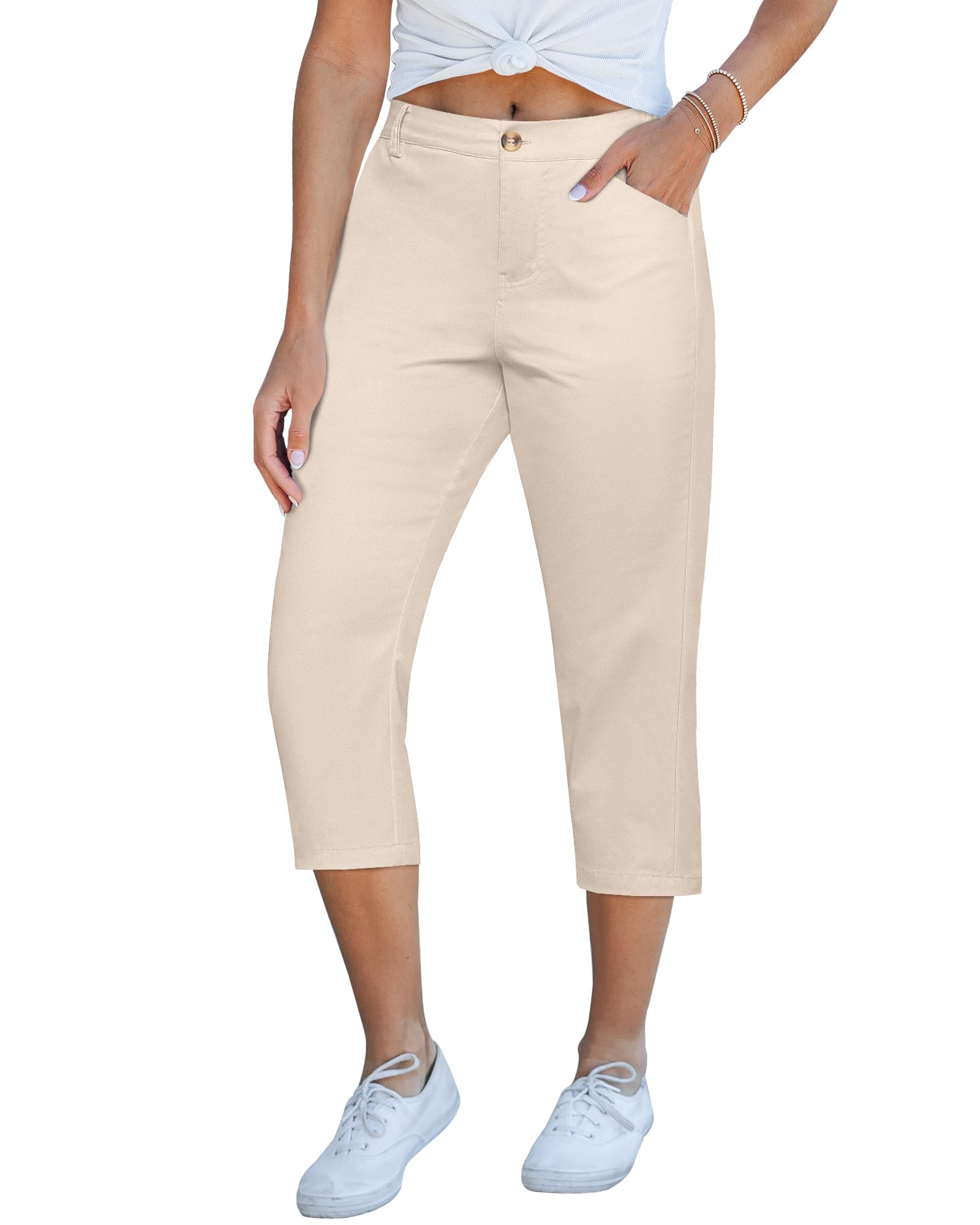 GRAPENT Capri Pants for Women Summer High Waisted Cotton Elastic Waist Dressy Casual Office Work Capris Trousers Pants