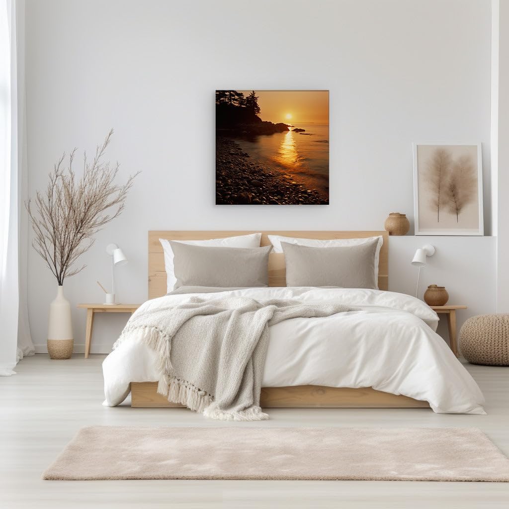 Canvas for Living room. Sunset Serenity on a Rocky Seashore, 27 x 18 inch Canvas Wall Art - Contemporary Masterpieces - Modern Home Decor