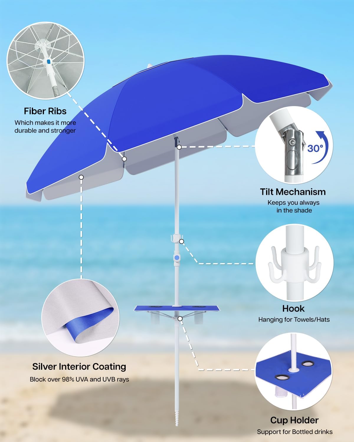 paramondo 7ft Beach Umbrella with Sand Anchor Air Vent Push Button Tilt and Crank, Portable Sunshade Outdoor Patio Umbrella with 8 Sturdy Ribs for Garden, Deck, Backyard, Pool and Beach