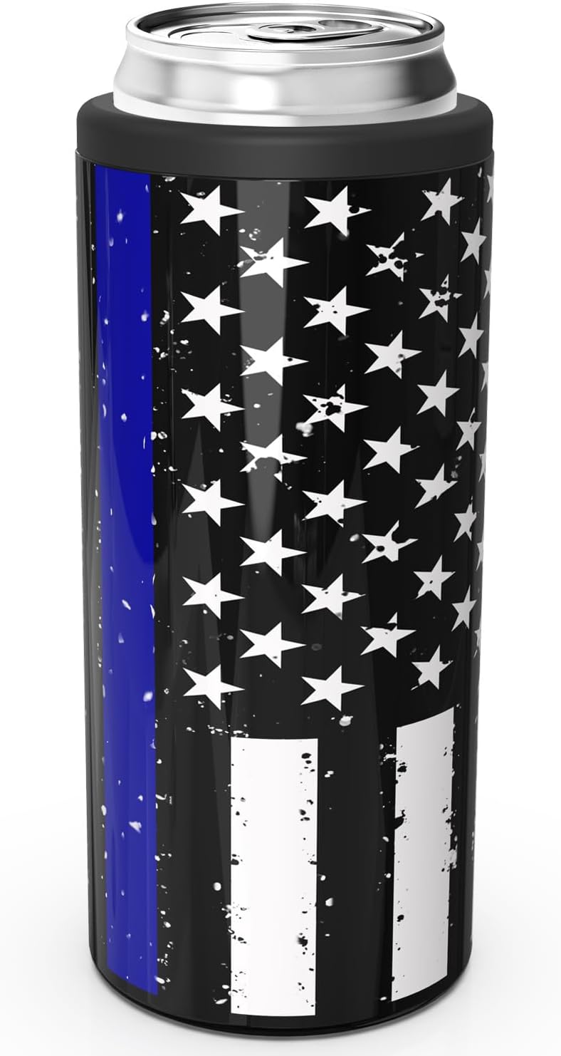 TILUCK Skinny Can Cooler for Slim Beer & Hard Seltzer, Stainless Steel, Doucle-Walled Stainless Steel Insulated Slim Cans, Standard 12 oz (Black U.S. Flag)