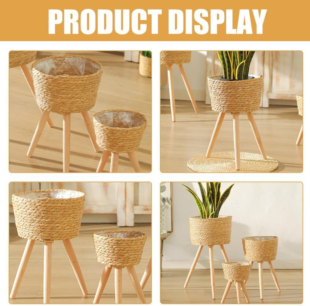 Yardwe Woven Plant Stand Rattan Tall Pot Holder with Wooden Leg Weaving Flowerpot Planter Pot Basket Rack Container for Room Balcony 8cm