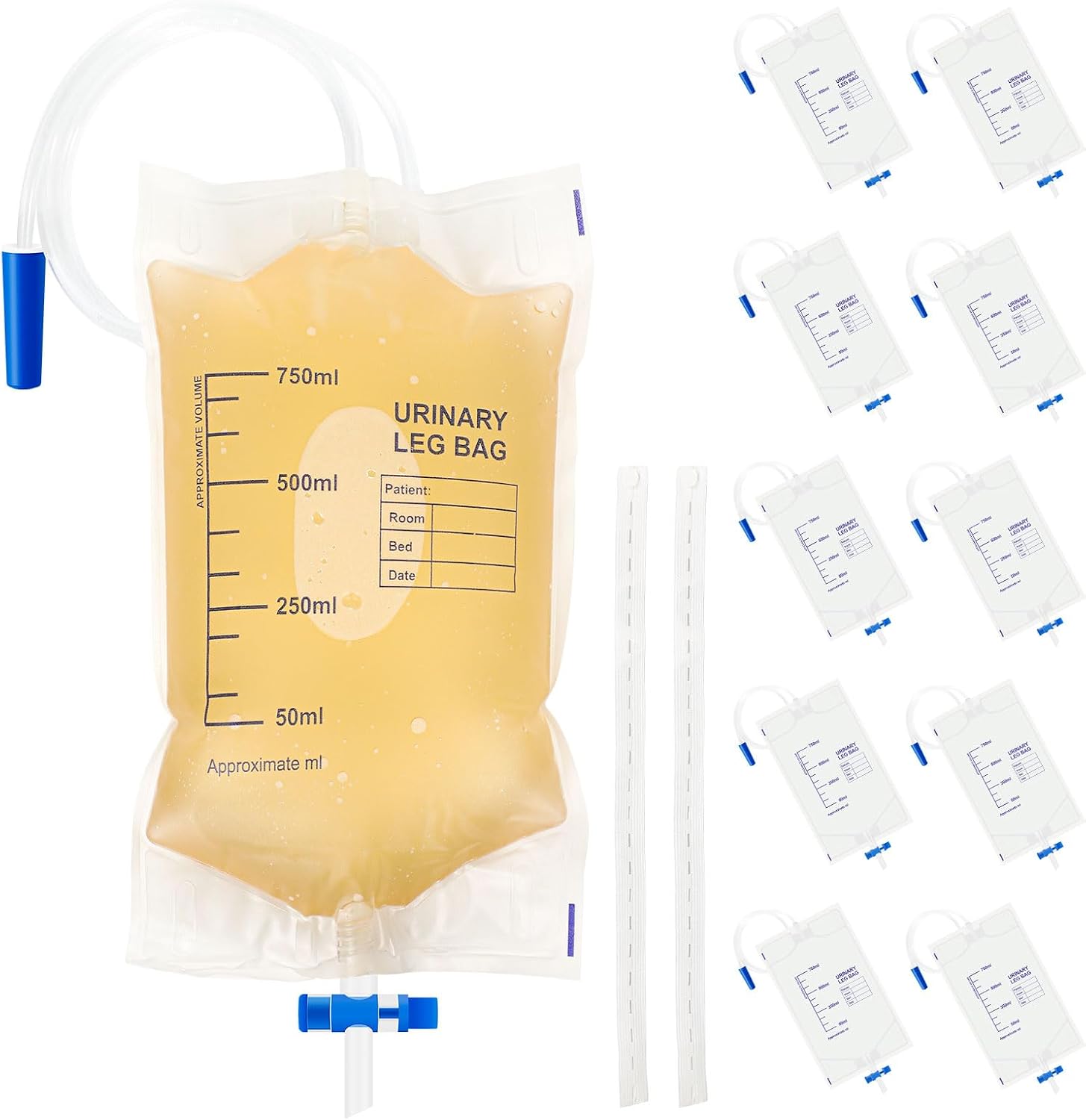 10 Pack Urine Drainage Bags with Adjustable Straps,Anti-Reflux Valve,750ML