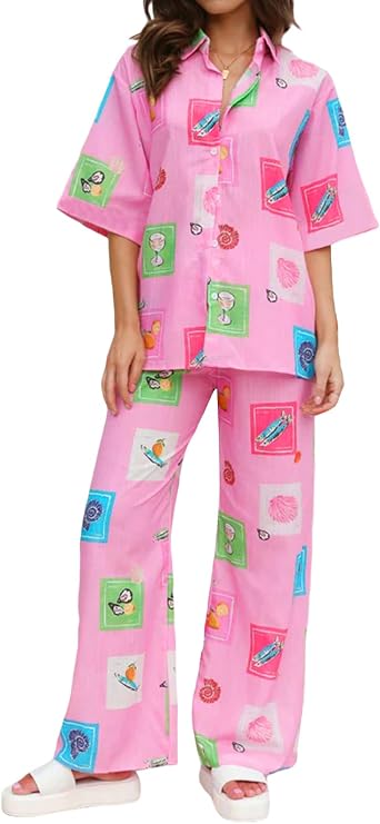 Women Vintage Graffiti 2 Piece Outfits Fashion Print Short Sleeve Shirt Wide Leg Pants Set Beach Vacation Streetwear