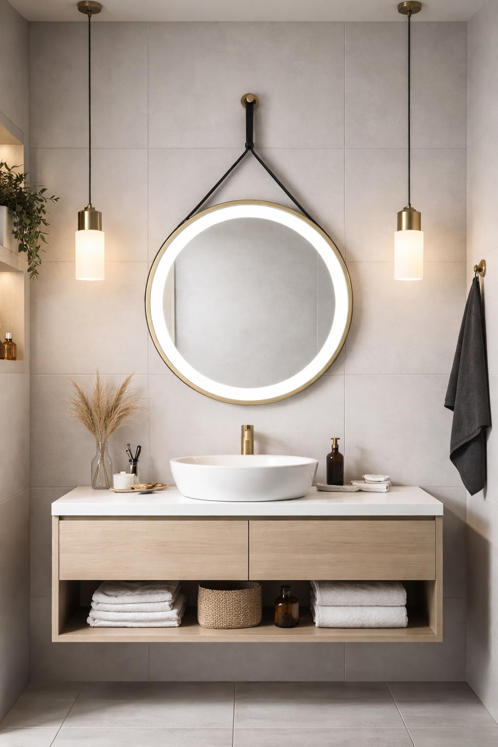 Keenware KBM-360 Midas Round LED Brushed Brass Framed Bathroom Mirror With Hook & Loop; 600mm