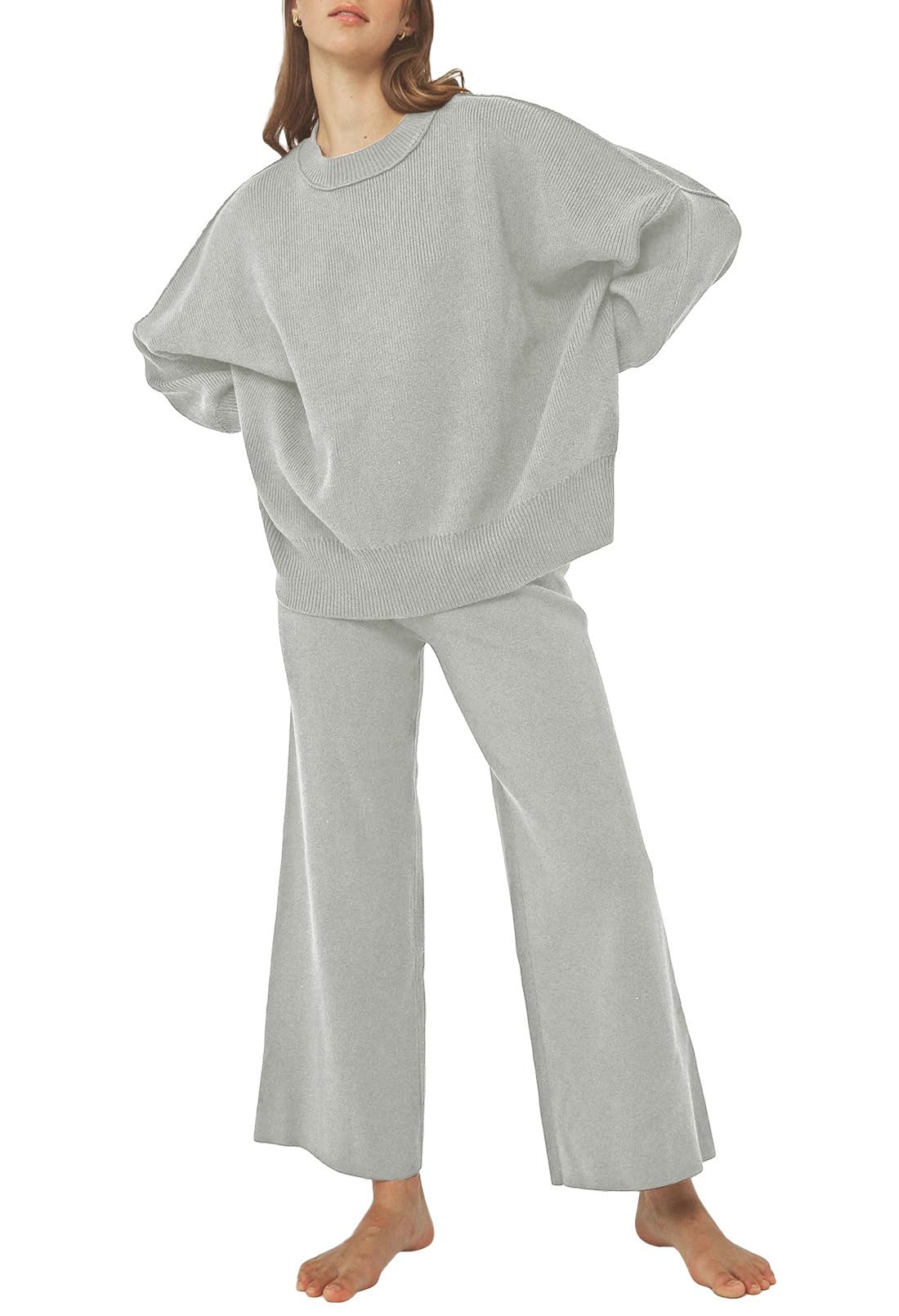 Pink Queen Damen Zweiteiler Lockere Schlafanzug Homewear Outfits Fledermausärmeln Weitem Bein Hose Loungewear Grau S