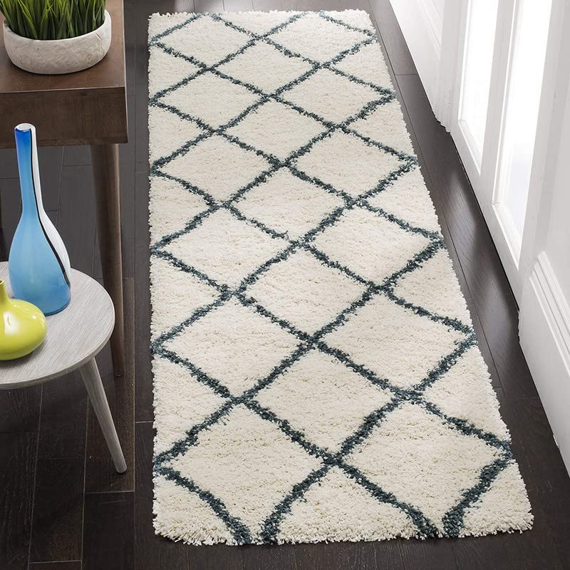 Image of A R Creations Rectangular Cotton Rug 1.5 Inch High Pile Soft Floor Mat Modern Handwoven Carpet for Living Room Bedroom & Home Decoration Size 2X6 Feet Ivory Blue Box