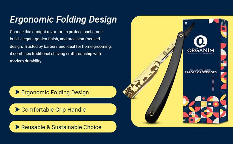Image of Barber Shaving Razor for Men | Foldable Stainless Steel Straight Razor with Handle | Manual Beard Shaving and Trimming Razor for Barbers, Salons and Home Grooming (Golden)