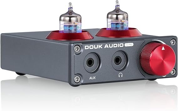 Douk Audio Vacuum Tube Preamplifier, Headphone Amplifier, Stereo Amplifier, Hi-Fi Design, Equipped with 5654 Vacuum Tube, Compatible with Record Players, PCs, Audio Devices