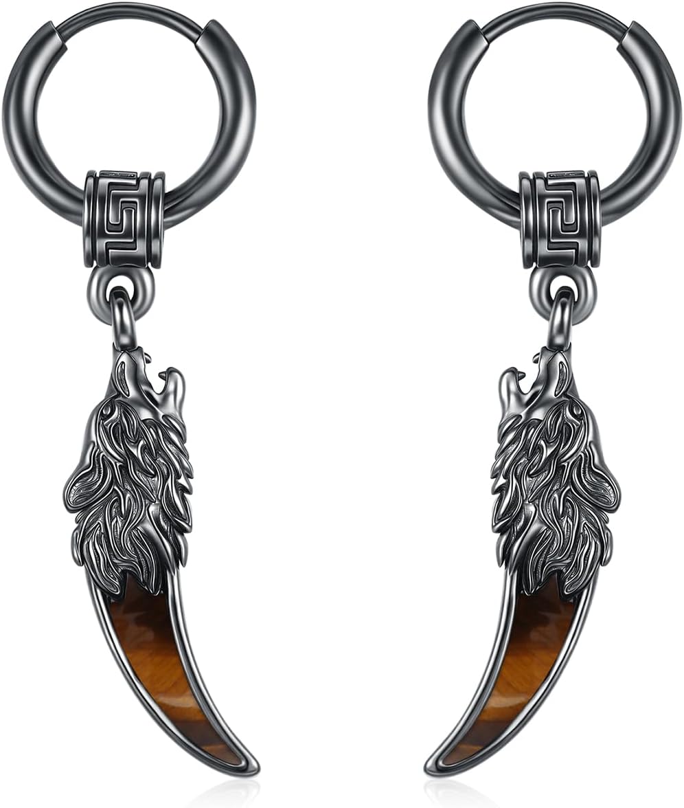 MEDWISE Black Hoop Earrings for Men 925 Sterling Silver Celtic Wolf Earrings Huggie Men's Hanging Abalone Shell Jewelry Gift for Women Men Husband Brother Unisex Birthday Christmas Gifts