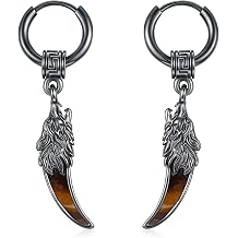 MEDWISE Black Hoop Earrings for Men 925 Sterling Silver Celtic Wolf Earrings Huggie Mens Hanging Abalone Shell Jewelry Gift for Women Men Husband Brother Unisex Birthday Christmas Gifts